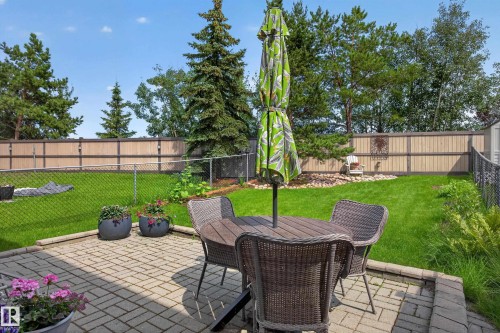 Expansive backyard featuring a paver patio with a brick border, mature evergreen trees, and a wooden privacy fence - #7 155 Crocus Cr, Sherwood Park, AB - Outdoor With Deck Patio Veranda With Backyard