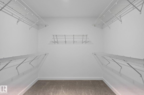 Spacious closet featuring wall-mounted wire shelving, white walls, and carpet flooring - 23027 96 Avenue Nw, Edmonton, AB - Indoor With Storage