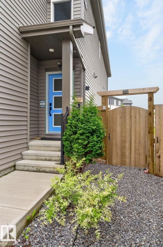 Modern exterior featuring horizontal siding, a vibrant blue entry door with frosted glass inserts, a concrete walkway, and a landscaped gravel bed with plantings - 23027 96 Avenue Nw, Edmonton, AB - Outdoor