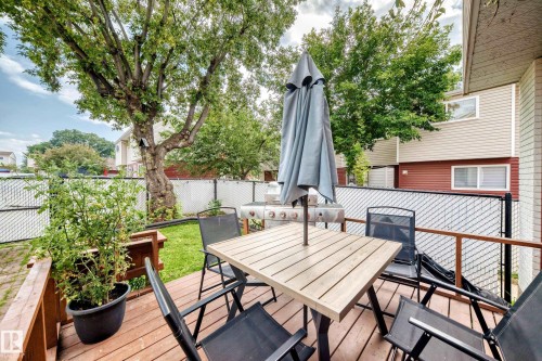 Wood deck with brown railing, enclosed by a chain link fence - 64 Habitat Crescent Nw, Edmonton, AB - Outdoor With Deck Patio Veranda With Exterior