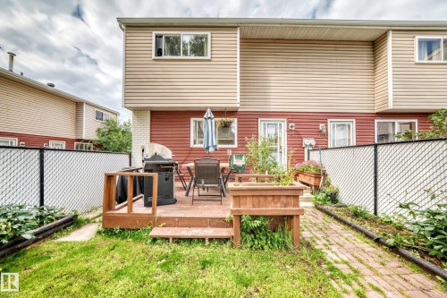 Rear exterior with two-tone siding, private raised deck, brick paver pathway, green lawn, and chain-link fencing - 64 Habitat Crescent Nw, Edmonton, AB - Outdoor With Deck Patio Veranda With Exterior