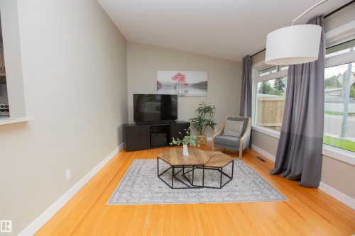 Bright living room showcasing warm wood-finish flooring, large multi-pane windows with natural light, a black media console with integrated storage, and a geometric area rug anchoring the space - 9107 58 Street Nw, Edmonton, AB - Indoor Photo Showing Living Room