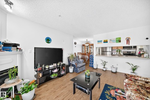 Open concept living area with wood-finish flooring, a built-in fireplace, and a pass-through window to the kitchen - #324 279 Suder Greens Dr Nw, Edmonton, AB - Indoor Photo Showing Living Room
