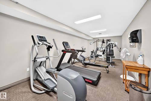Fitness room with carpeted flooring, neutral wall paint, and recessed lighting - #324 279 Suder Greens Dr Nw, Edmonton, AB - Indoor Photo Showing Gym Room