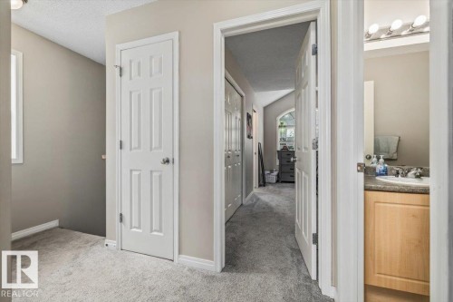 Gray carpeted hallway with a white six-panel door and a window - 4744 Terwillegar Common Nw, Edmonton, AB - Indoor Photo Showing Other Room