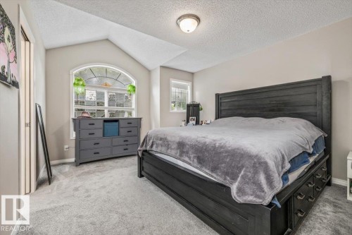 Vaulted ceiling with an arched window, recessed lighting, and soft gray carpeting - 4744 Terwillegar Common Nw, Edmonton, AB - Indoor Photo Showing Bedroom