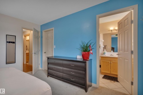White paneled doors, light carpet flooring, and a vanity with light wood-finish cabinetry - 4224 53 Ave, Wetaskiwin, AB - Indoor Photo Showing Bedroom