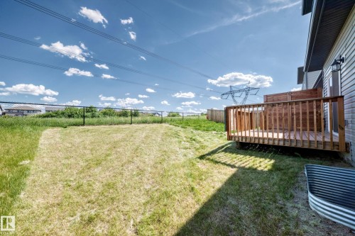 Expansive backyard with a manicured lawn, chain-link fence, and a wooden deck featuring a privacy screen - 8823 Carson Way Sw, Edmonton, AB - Outdoor