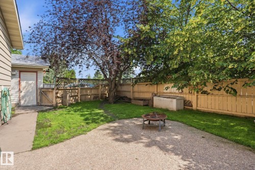 Expansive backyard featuring a concrete patio, mature trees, a wooden privacy fence, and a storage shed with an overhead door - 5702 52 Avenue, Beaumont, AB - Outdoor With Backyard