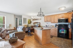 Open-concept living space featuring wood-finish flooring, a kitchen island with stone-look countertop, light wood cabinetry, and stainless steel appliances - 