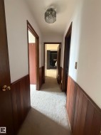 Hallway featuring dark wood-finish doors with brass hardware, neutral wall-to-wall carpeting, and wainscoting detail along lower walls - 