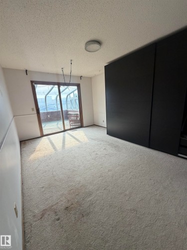 Spacious bedroom with light-filled natural illumination from sliding glass doors, neutral carpeting throughout, and built-in wall cabinetry - 9223 172 Avenue Nw, Edmonton, AB 