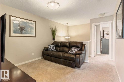 Carpeted loft area with neutral wall finishes, a half-wall partition, and ceiling-mounted lighting fixtures - 12737 205 Street Nw, Edmonton, AB - Indoor