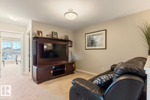 Carpeted interior with light-toned walls and ceiling, featuring a dark wood-finish media console - 12737 205 Street Nw, Edmonton, AB - Indoor Photo Showing Living Room