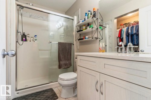 Glass-enclosed shower with sliding door, white vanity with integrated sink, dual-handle faucet, and built-in closet with hanging space - 12737 205 Street Nw, Edmonton, AB - Indoor Photo Showing Bathroom