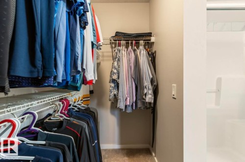 Walk-in closet with wire shelving, integrated hanging rods, and carpet flooring - 12737 205 Street Nw, Edmonton, AB - Indoor With Storage