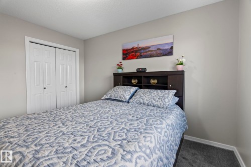 White paneled bi-fold closet doors, light gray wall paint, dark wood-finish headboard with integrated shelving, and gray carpet flooring - 3403 23 Nw, Edmonton, AB - Indoor Photo Showing Bedroom