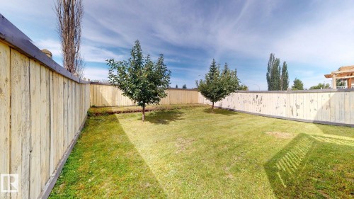 Expansive backyard featuring a manicured lawn, established trees, and perimeter fencing - 2426 33A Street Nw, Edmonton, AB - Outdoor