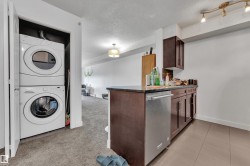 Full-size stacked laundry appliances, dark wood-finish cabinetry, stainless steel dishwasher, and track lighting - 