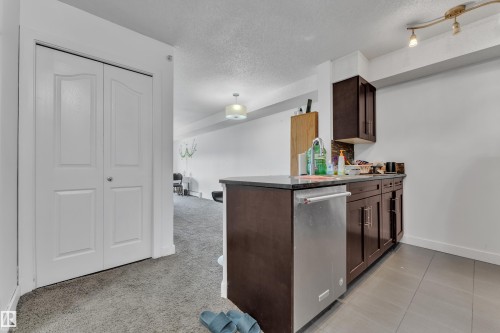 Compact kitchen area featuring dark wood-finish cabinetry, a dark countertop, stainless steel dishwasher, and tile flooring - #409 11804 22 Av Sw, Edmonton, AB - Indoor Photo Showing Kitchen