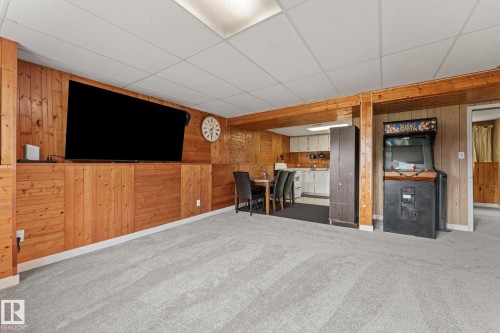 Finished recreational space featuring light gray carpeting and wood paneling throughout - 34 Stirling Road Nw, Edmonton, AB - Indoor