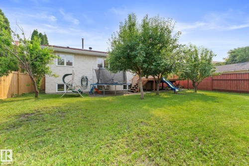 Expansive green lawn with mature trees and a rear deck - 34 Stirling Road Nw, Edmonton, AB - Outdoor With Backyard