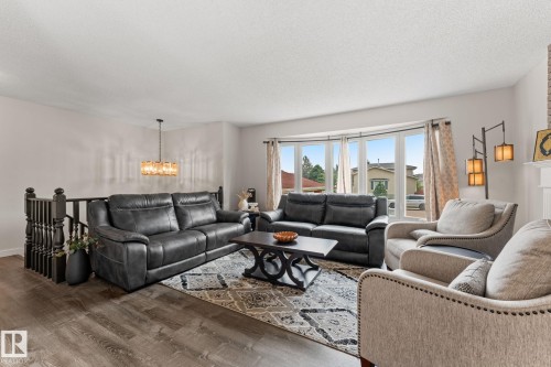 Bright living space featuring wood-finish flooring and a decorative area rug - 34 Stirling Road Nw, Edmonton, AB - Indoor Photo Showing Living Room