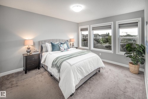 Three generously sized windows with roller blinds, light gray wall tones, and plush carpeting - 16015 11 Avenue Sw, Edmonton, AB - Indoor Photo Showing Bedroom