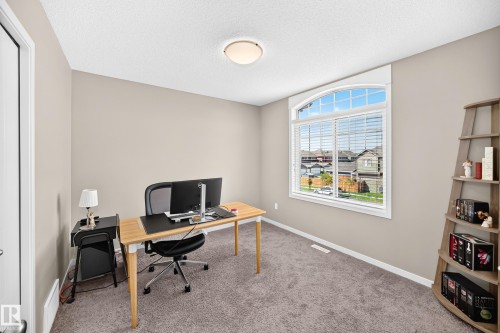 Carpeted room featuring a large arched window with horizontal blinds, neutral wall paint, and a flush-mount ceiling light fixture - 5147 Crabapple Link Sw, Edmonton, AB - Indoor Photo Showing Office