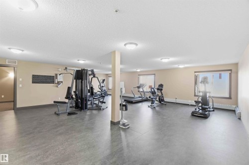 Dedicated fitness center with multiple exercise machines - #114 2207 44 Av Nw, Edmonton, AB - Indoor Photo Showing Gym Room
