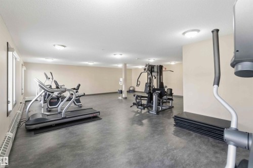 Fitness room featuring a multi-station weight machine, cardio equipment, and durable concrete-finish flooring - #114 2207 44 Av Nw, Edmonton, AB - Indoor Photo Showing Gym Room