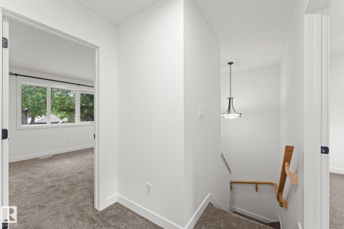 Carpeted hallway with a modern pendant light fixture and a wood handrail - 10825 93 Street Nw, Edmonton, AB - Indoor Photo Showing Other Room