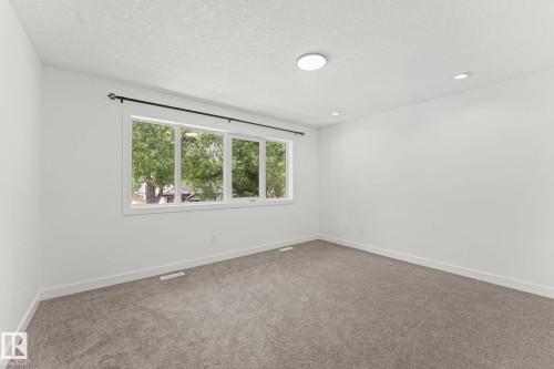 Neutral wall color, gray carpeting, multi-pane window, recessed lighting, and a flush-mount ceiling light - 10825 93 Street Nw, Edmonton, AB - Indoor Photo Showing Other Room