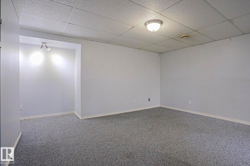 Recessed area with track lighting, textured ceiling panels, flush mount ceiling light, and wall-to-wall carpeting - #45 1651 46 St Nw, Edmonton, AB - Indoor Photo Showing Other Room