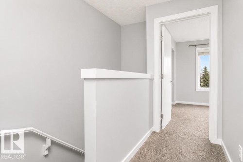 Gray wall finish with white trim, gray carpet flooring, and a white interior door - #6 215 Saddleback Rd Nw, Edmonton, AB - Indoor Photo Showing Other Room