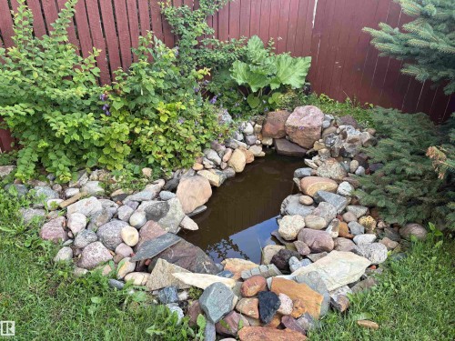 Landscaped garden pond featuring natural stone borders, lush green shrubs, and a surrounding privacy fence - 13831 23 Street Nw, Edmonton, AB - Outdoor