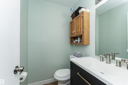 Vanity with integrated sink, black cabinetry, brushed nickel faucet, and wood-finish flooring - 4521 29 Avenue Nw, Edmonton, AB - Indoor Photo Showing Bathroom