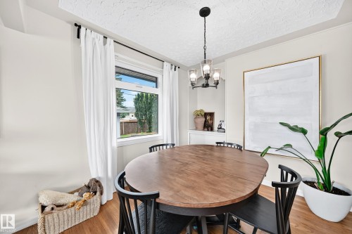 Recessed wall niche, wood-finish flooring, and a modern chandelier - 16406 87A Avenue Nw, Edmonton, AB - Indoor Photo Showing Dining Room