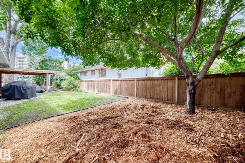 Expansive outdoor space featuring a covered patio, manicured lawn, wood fencing, and mature trees - 16406 87A Avenue Nw, Edmonton, AB - Outdoor