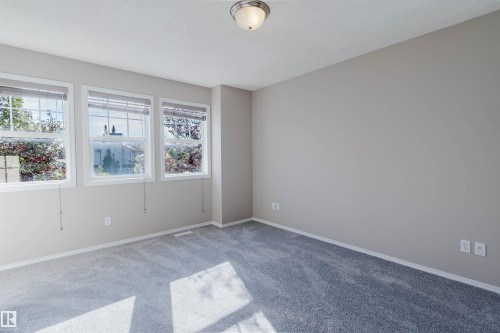 Light gray wall paint, gray carpet flooring, three windows with white frames, and a ceiling-mounted light fixture - 5887 Sutter Place Nw, Edmonton, AB - Indoor Photo Showing Other Room