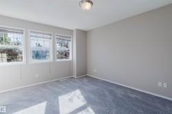 Light gray wall paint, gray carpet flooring, three windows with white frames, and a ceiling-mounted light fixture - 