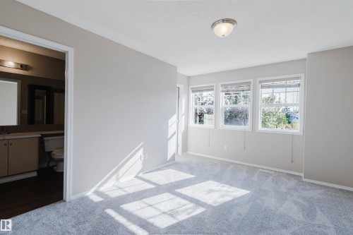 Light gray wall paint, gray carpet, three windows, flush mount ceiling light fixture, doorway to a bathroom - 5887 Sutter Place Nw, Edmonton, AB - Indoor Photo Showing Other Room