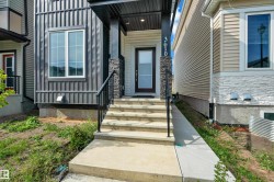 Front entry featuring concrete steps with black railings, a dark wood-finish door with frosted glass, and stone veneer accents - 