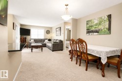 Open-concept living and dining areas featuring neutral wall tones, carpeted flooring, and a dining light fixture - 