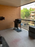 Balcony featuring concrete flooring, horizontal wood paneling, and a black metal railing - 