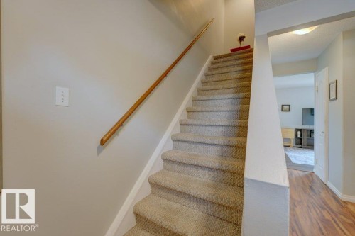 Carpeted staircase with a wood handrail - 307 Northgate Terrace Nw, Edmonton, AB - Indoor Photo Showing Other Room