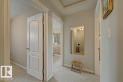 Textured light-tone carpet flooring, light gray wall paint, and white trim throughout - 