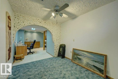 Textured ceiling, ceiling fan with integrated lighting, arched entryway, and carpeted flooring - 307 Northgate Terrace Nw, Edmonton, AB - Indoor