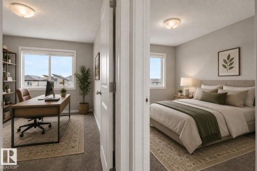 Two distinct rooms featuring neutral wall tones, flush-mount lighting, and carpeted flooring - 2355 Kelly Circle Circle Sw, Edmonton, AB - Indoor Photo Showing Bedroom