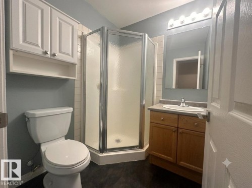 Corner shower enclosure with clear glass panels, wood-finish vanity with an integrated sink, wall-mounted mirror, and overhead storage cabinetry - #103 8108 109 St Nw, Edmonton, AB 